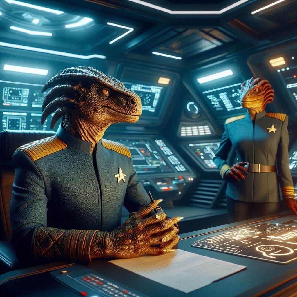Male reptilian starfleet commander sitting behind a table. A female reptilian officer in uniform faces him on the other side of the table. Inside a spaceship. Science Fiction atmosphere