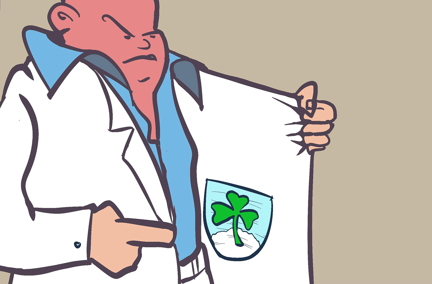 An illustration of Dana White opening his coat to reveal an bag of cocaine emblazoned with a shamrock.