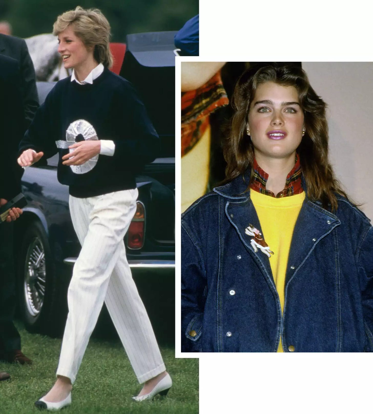 Collage of Princess Diana and Brooke Shields wearing the 1980s preppy style