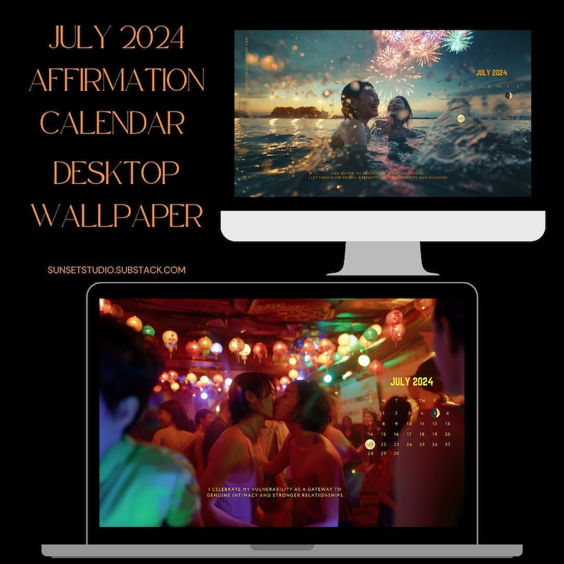 2024 July affirmation calendar desktop wallpapers featuring cinematic and romantic Asian queer scenes. This image shows a preview of two wallpapers featuring Asian queer lesbian couples playing in the ocean and kissing in bars.