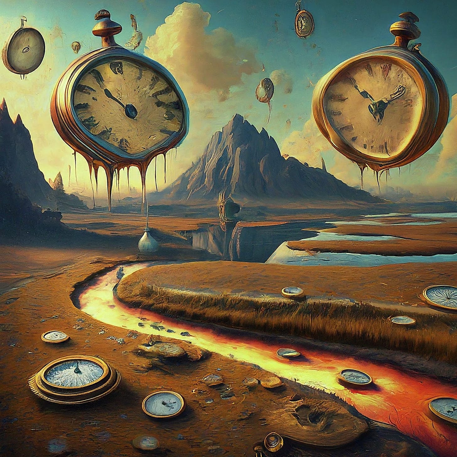 Melting clocks in front a volcano and over a river of lava