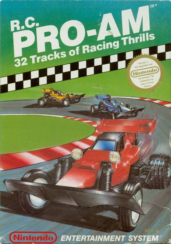 The NES box art for R.C. Pro-Am, with the game's title, a few of the R.C. cars speeding around a track, and "32 tracks of racing thrills!" exclaimed above the art as well. 
