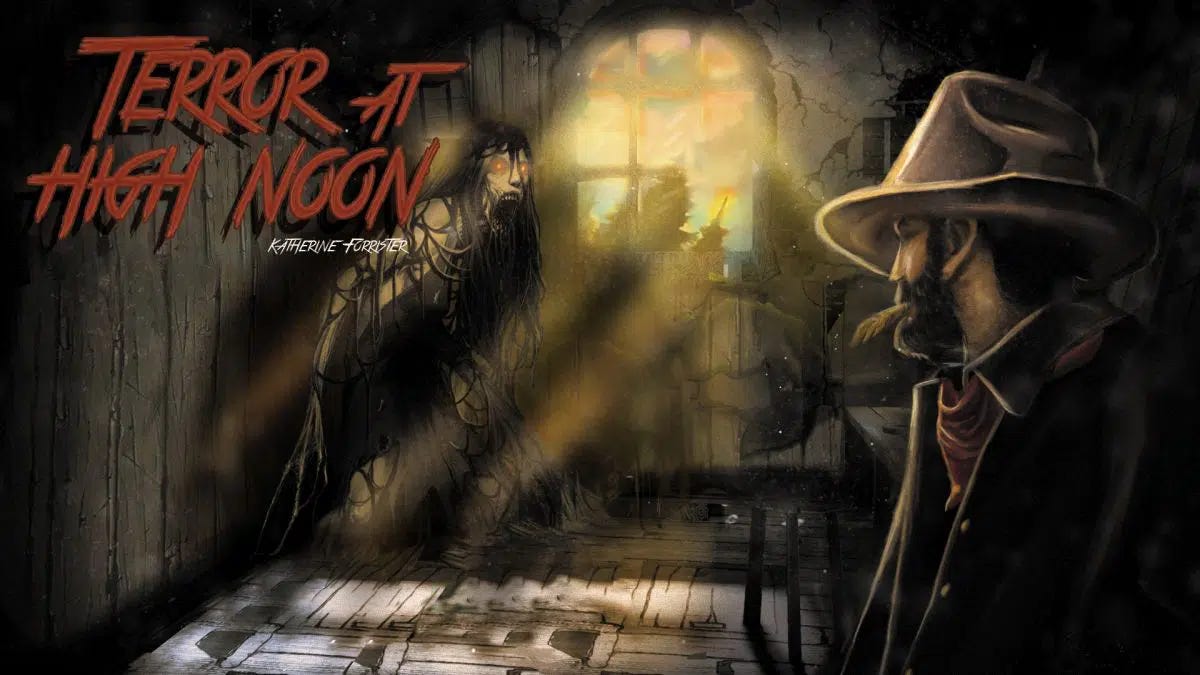 Cover image of the audio game “Terror at High Noon” by Katherine Forrister. A cowboy peering into a dark room where a monster lurks.