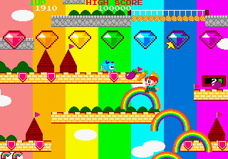 An edited image meant to serve as a guide for how the colored gem areas are laid out in Rainbow Islands. From left to right, you've got red, orange, yellow, green, blue, indigo, and violet sections: the colors of the rainbow, in order.