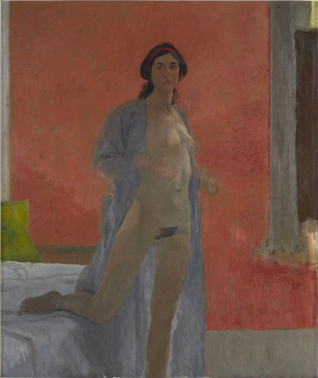 A standing nude woman draped in a blue robe.
