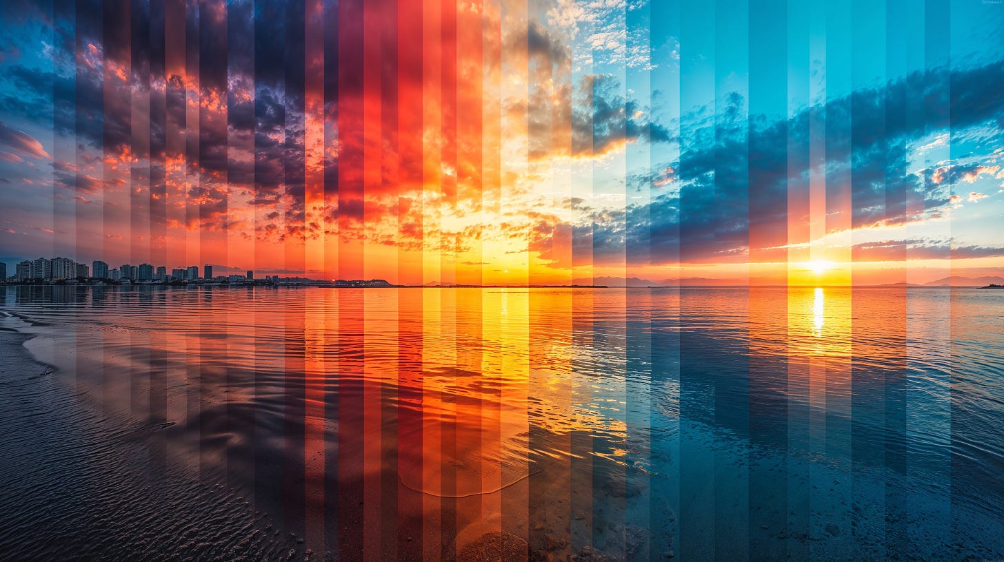 Panoramic time blend of sunset to night, capturing spectrum of sky colors