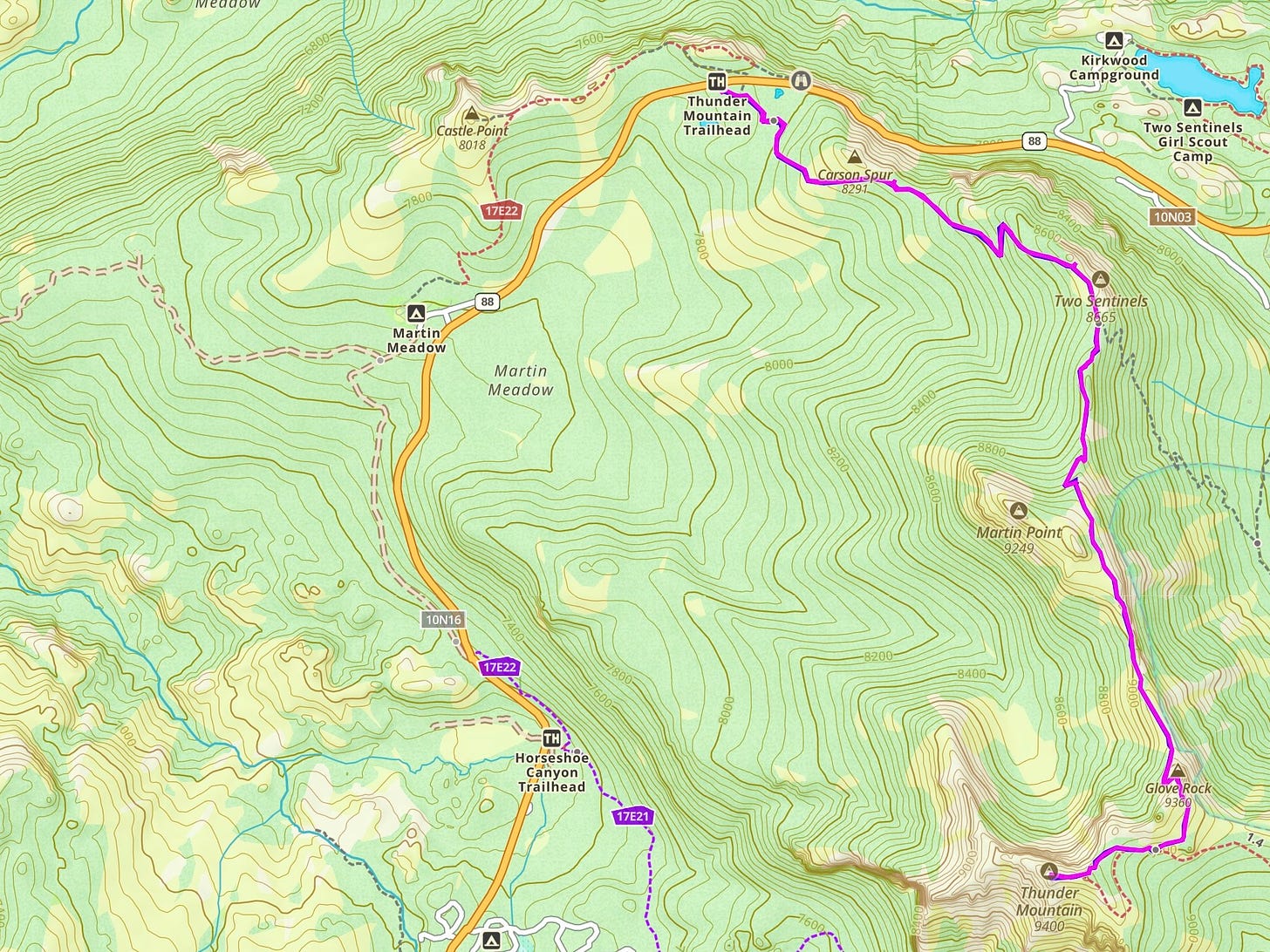 A topographical map showing an out and back trail up to the top of Thunder Mountain