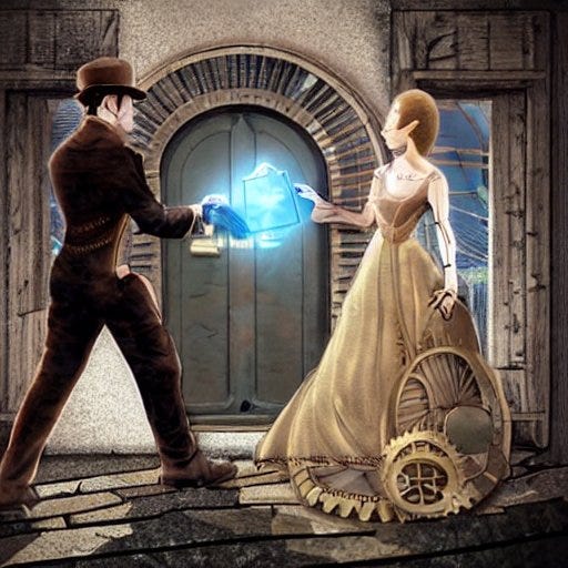 in a photorealistic muted lens flare steampunk house doorway They look at each other. He hands her the box, and turns, and walks.