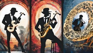 Image made with AI using Adobe Firefly. Prompt: jazz musicians in silhouette playing guitars and saxophone