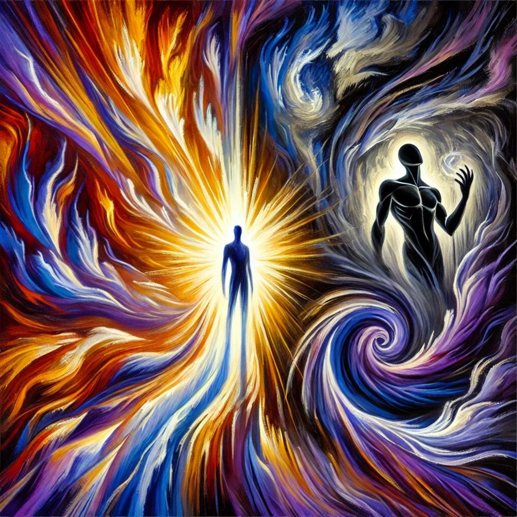 A vibrant oil painting focusing on the themes of Spirit, Truth, Sovereignty, Soul Harvesting, and Shadow. The image should feature bold, dynamic colors to evoke a sense of contrast between light and dark. A central abstract form or figure symbolizing the human spirit should radiate light, standing tall against swirling, shadowy shapes that represent control and soul harvesting. The shadow should create a stark contrast, creeping in with deep blacks and purples, while the vibrant spirit and truth are symbolized by bright golds, blues, and reds. The composition should convey the ongoing battle between light and shadow, freedom and control.