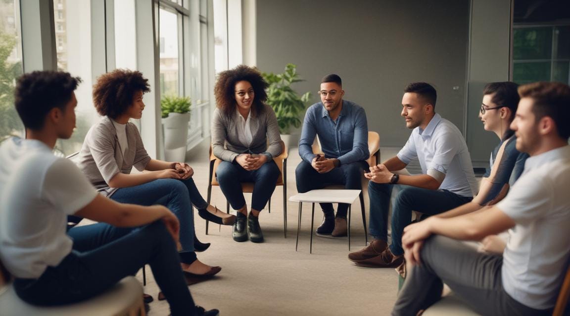 Diverse group of workers meeting in a circle