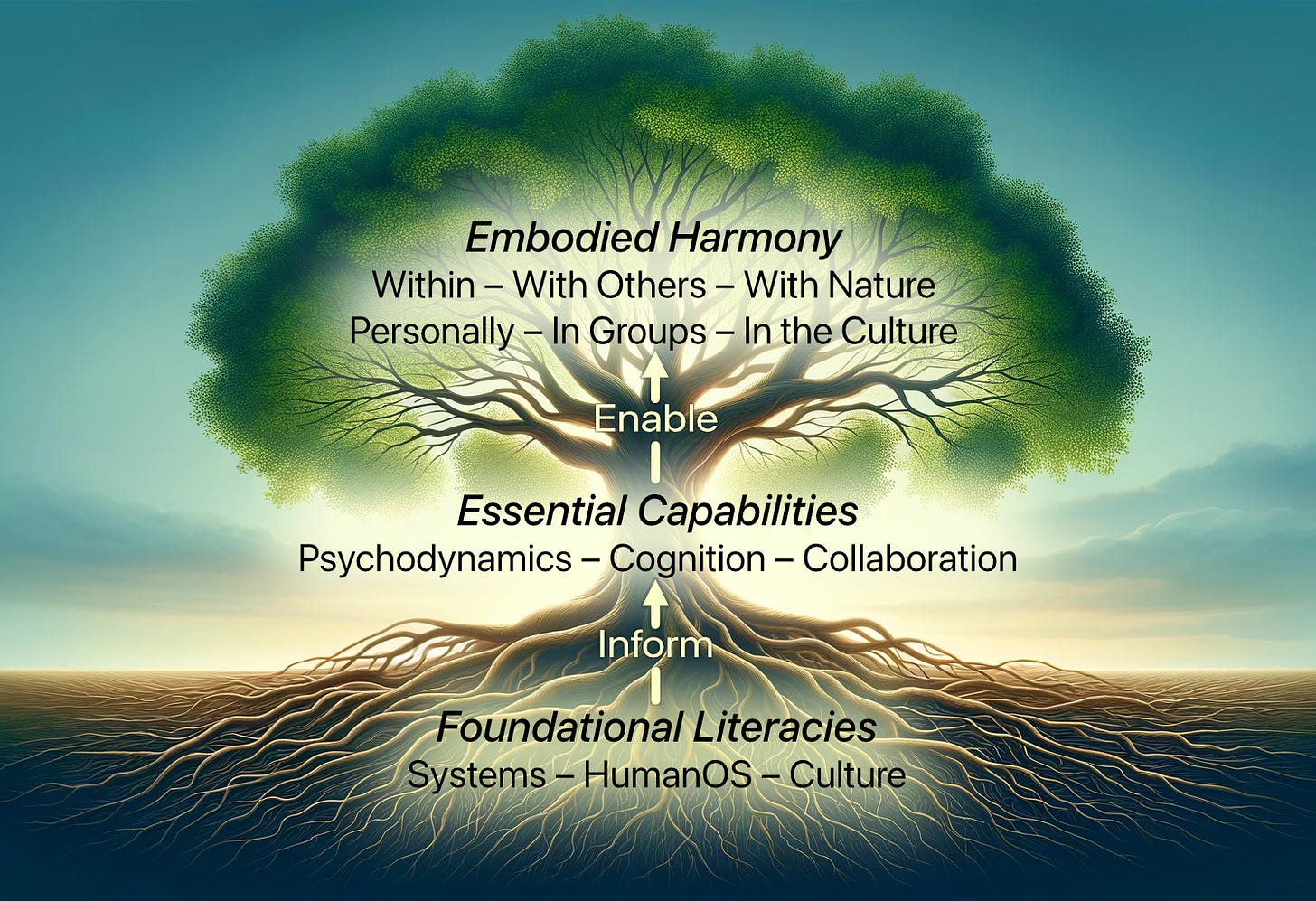 Illustration of a tree symbolizing educational growth with roots labeled "Foundational Literacies," trunk labeled "Essential Capabilities," and branches labeled "Embodied Harmony." Arrows show upward progression.