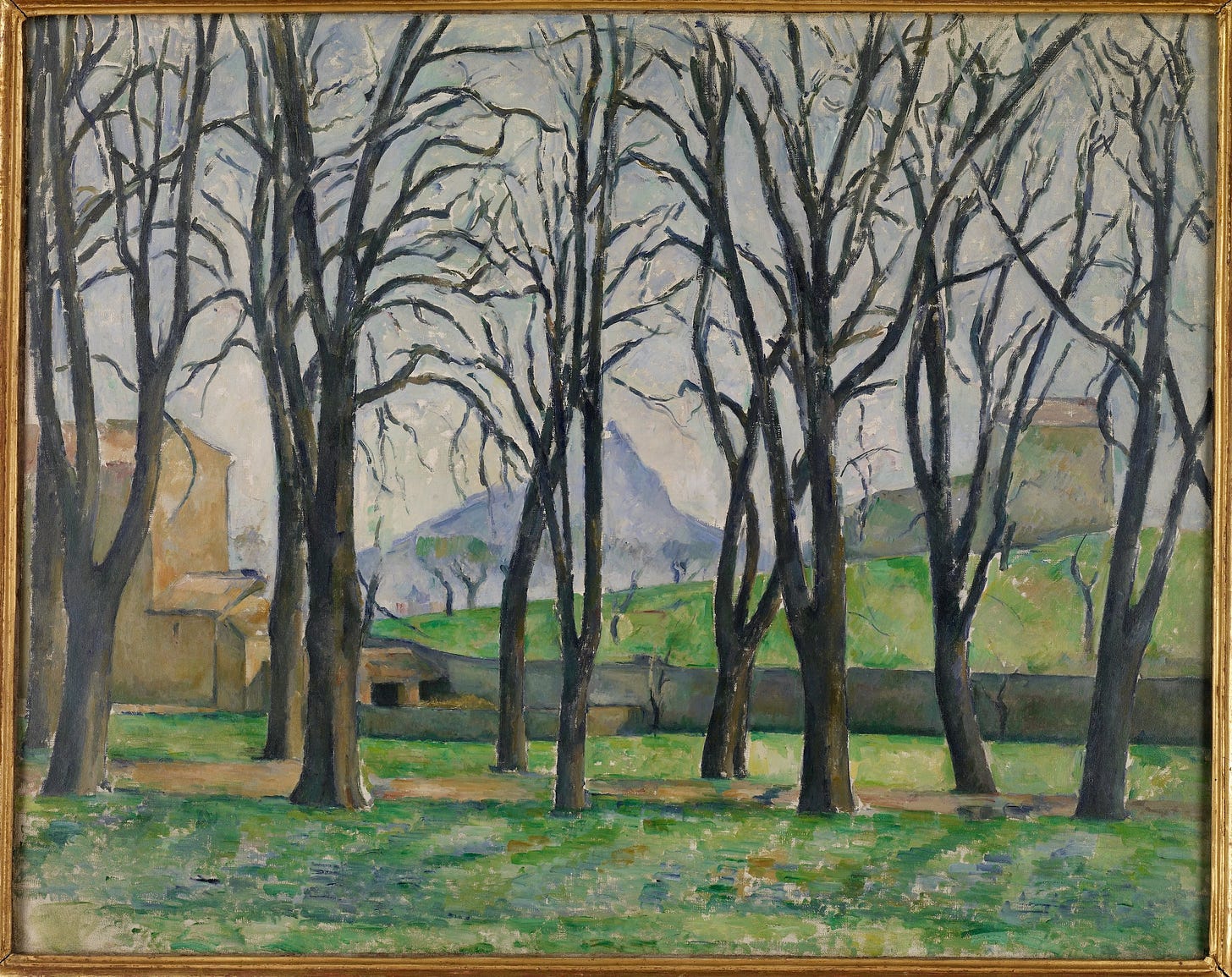 Oil painting depicting a serene landscape, with a series of barren trees in the foreground