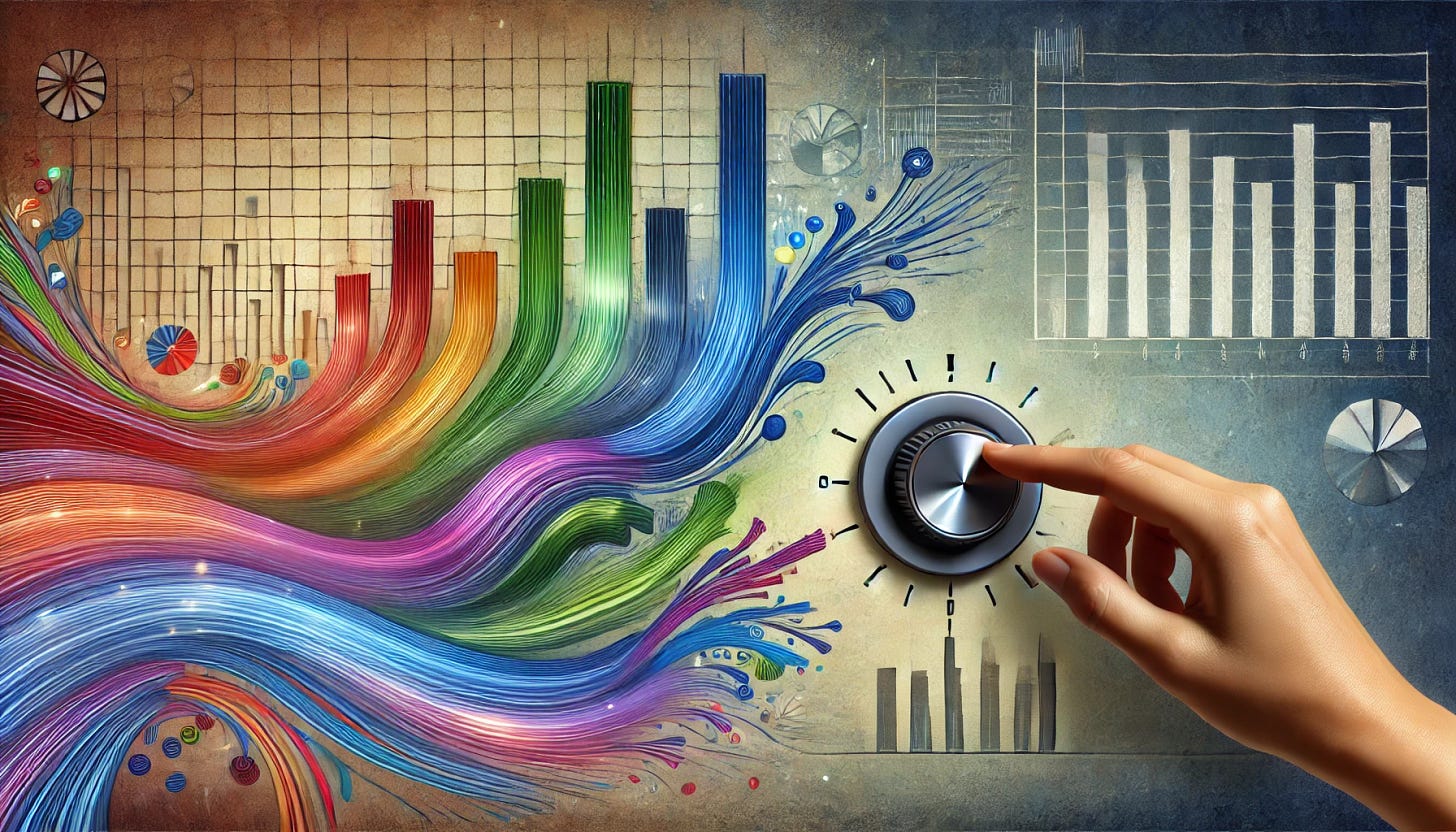 A metaphorical representation of muting trends in investing. Visualize a calm, serene scene where several colorful lines or arrows, representing vibrant market trends, are flowing loudly from one side of the image. On the other side, a large volume knob or sound dial is being turned down by a hand, symbolizing the strategy of muting or quieting these trends. In the background, subtle imagery of financial charts and data, blending softly into the muted atmosphere, showing stability. The colors should transition from vibrant to more neutral as the trends are muted.