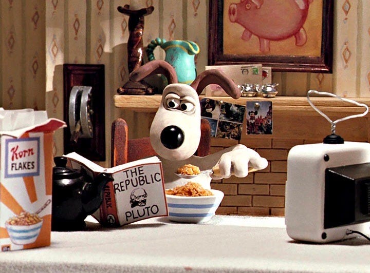 Gromit reading The Republic by Pluto while eating Korn Flakes, and Crime  and Punishment by Fido Dogstoyevsky in prison. – @naturesfallengrace on  Tumblr