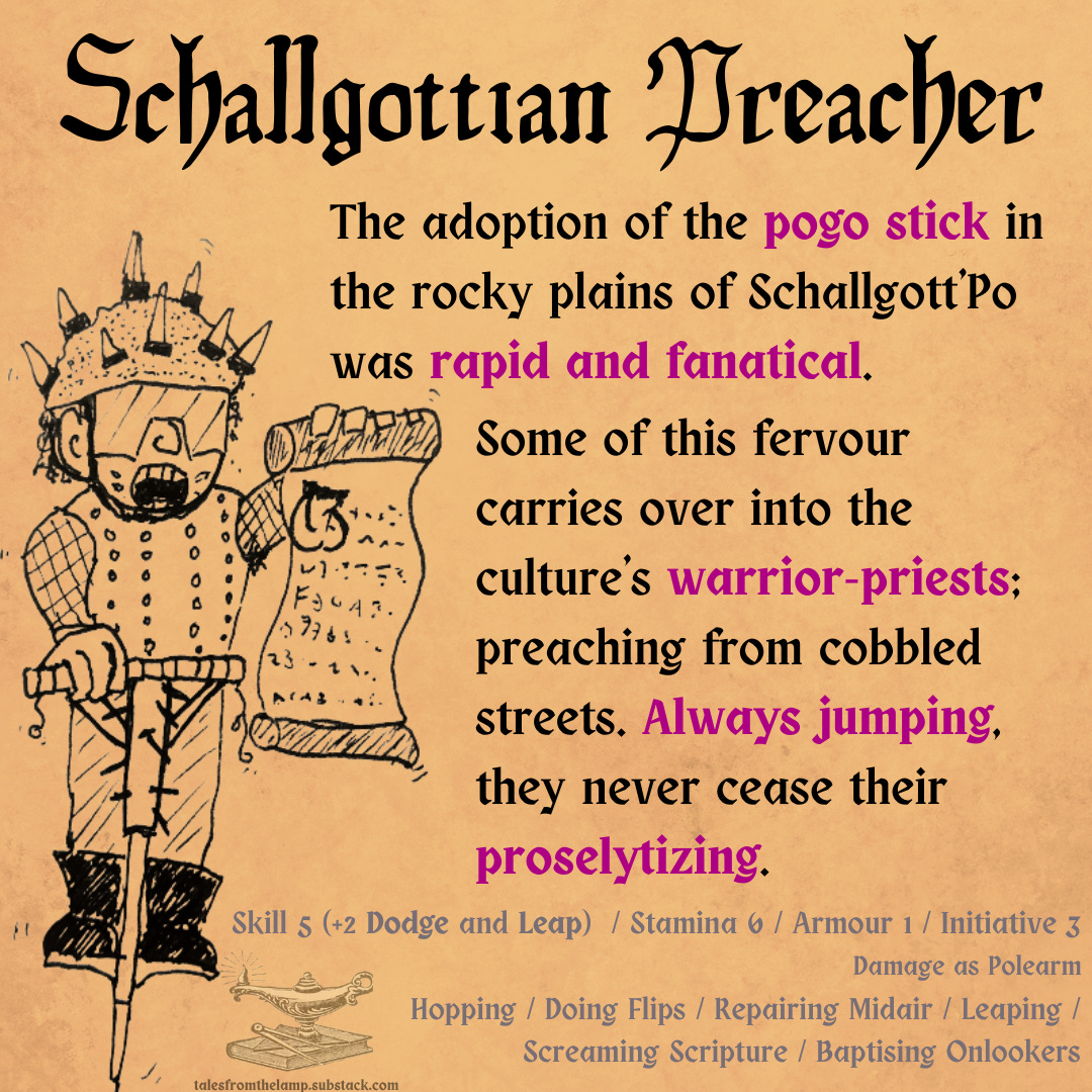 Pogo-preacher holding parchment. Stats above.