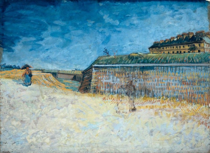 A chalk and watercolour image of city walls under a blue sky