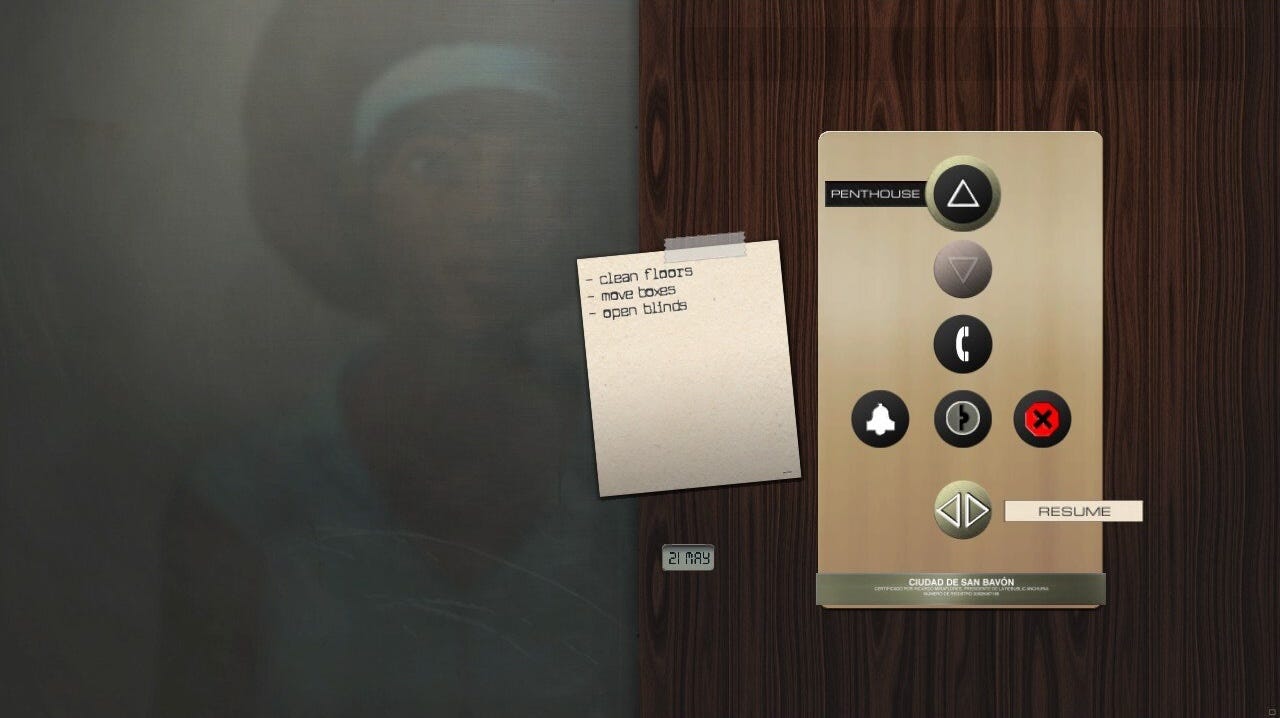 Interior of an elevator. To do list: clean floors, move boxes, open blinds. Controls to go up, down, phone, bell, quit.