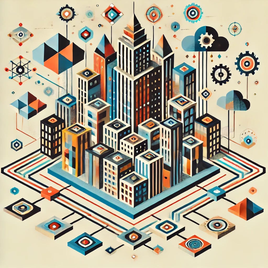 A corporate structure in a cubist, retro style with a central office building at the core. The holding company and subsidiaries are represented by abstract, angular shapes and blocks, interconnected in a geometric tree-like structure. Add more layers representing technological industries, with symbols like gears, circuits, and cloud networks scattered throughout. The design reflects the fragmented, multidimensional nature of cubism, with bold lines, sharp angles, and vibrant colors. The central office is prominent, connected to all other subsidiaries through a network of arrows and lines, emphasizing technology and innovation.