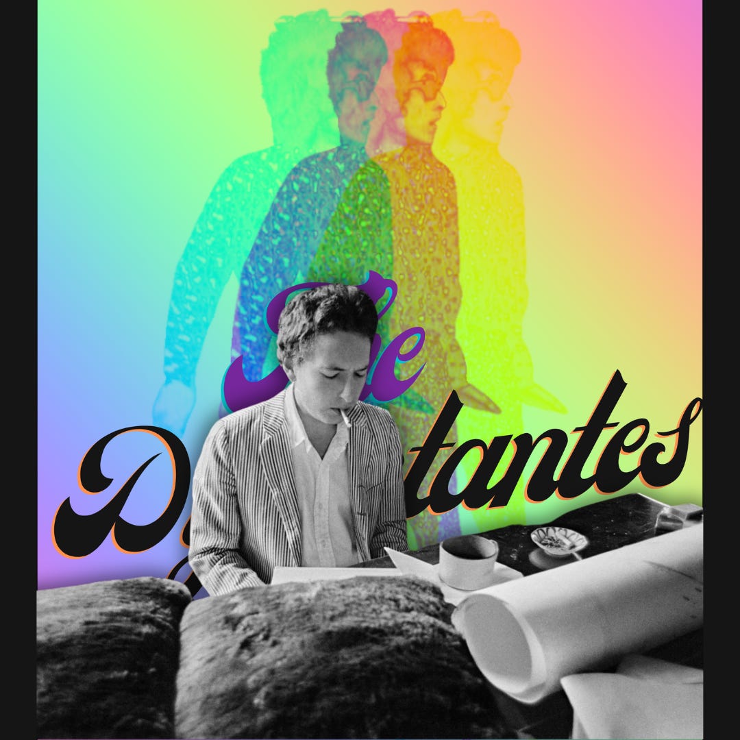 black and white photo of Dylan in 1967 looking over compositions while smoking a cigarette. The image is superimposed over the Dylantantes logo.