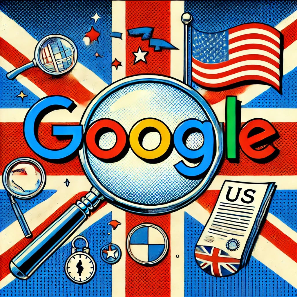 A bold pop-art style illustration depicting Google under pressure, with elements of the UK and US flags in the background. The iconic Google logo is slightly distressed, while symbols of regulation and scrutiny like a magnifying glass and legal documents surround it. The design should reflect financial tension and investigation, with a dynamic, clean, and professional layout in the pop-art style, emphasizing the Google brand under stress.