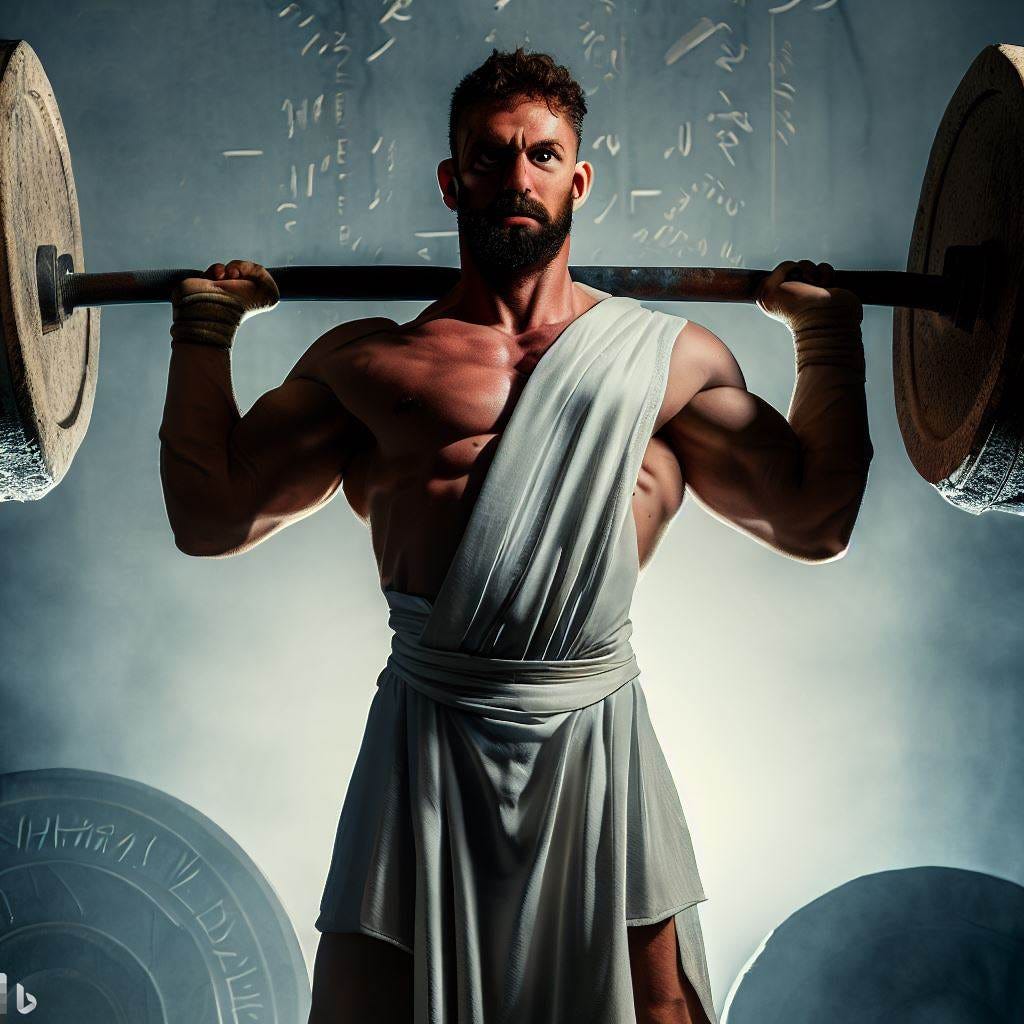 a weightlifter wearing a greek toga with stone tablets in the background in neoclassical style