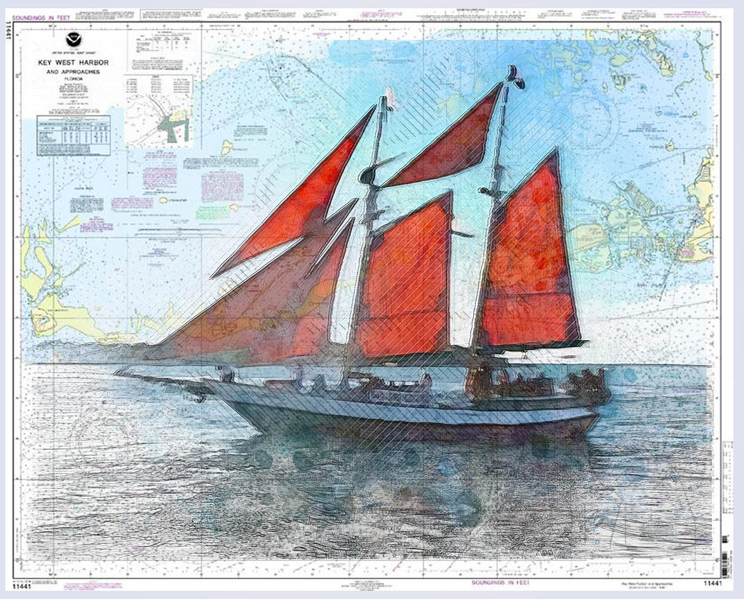 A vibrant sailboat with striking red sails glides across calm waters, set against the backdrop of a nautical chart of Key West Harbor, symbolizing navigation, exploration, and the journey toward new horizons.