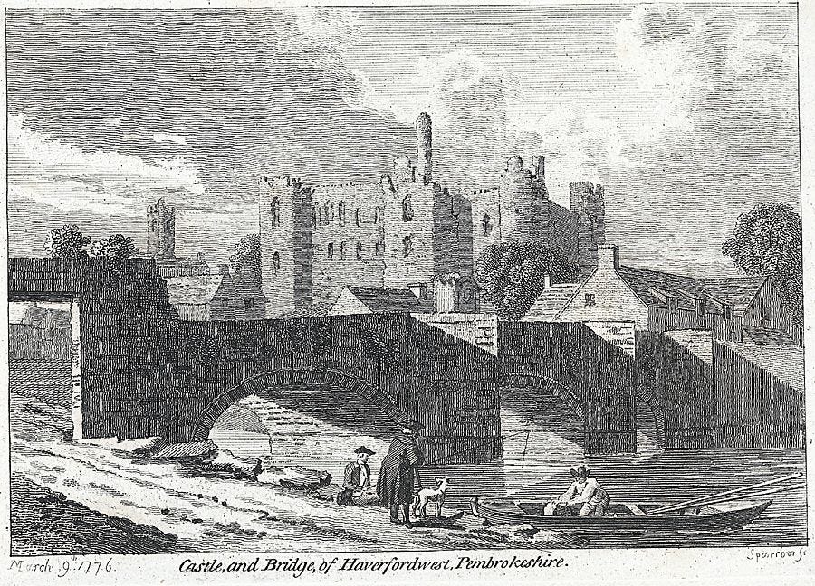 18th c drawing, Castle and bridge of Haverfordwest, Pembrokeshire, Published by Sparrow, March 9, 1776. Image in the public domain, from Wikimedia.org