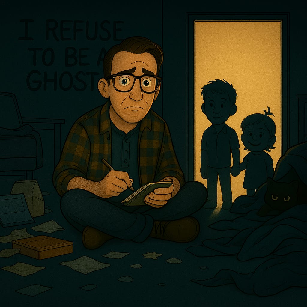 **Alt-text:**   A father sits writing in a cluttered room with the words “I REFUSE TO BE A GHOST” on the wall. In the doorway behind him, the glowing silhouettes of his two children stand in soft light.