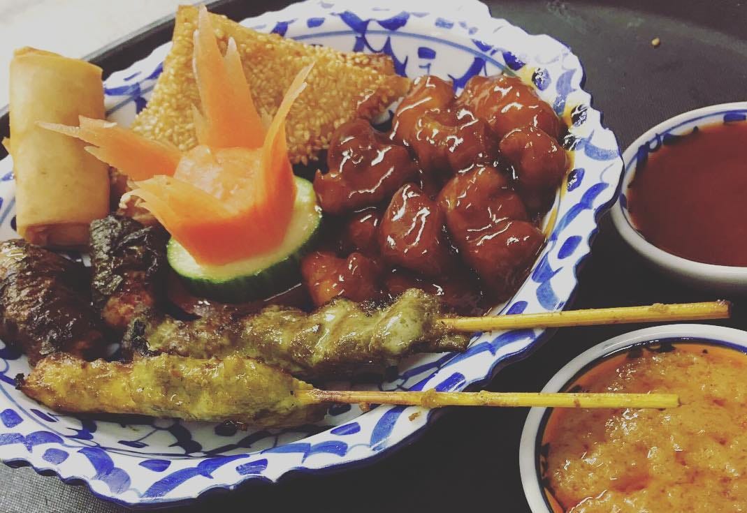 Mixed starters including satay, spring rolls and prawn toast at Kwan Thai Ipswich