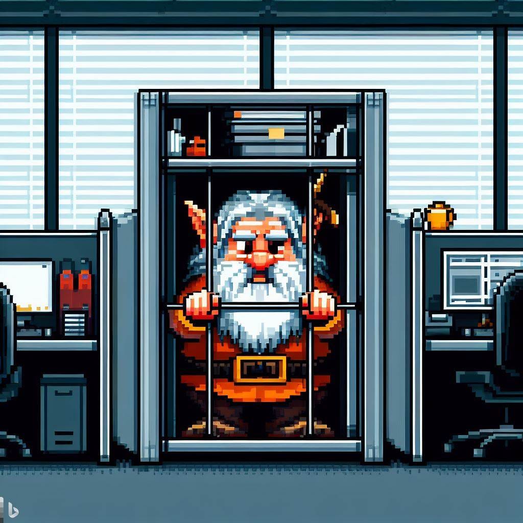 An dwarf trapped in an office cubicle in pixel art style
