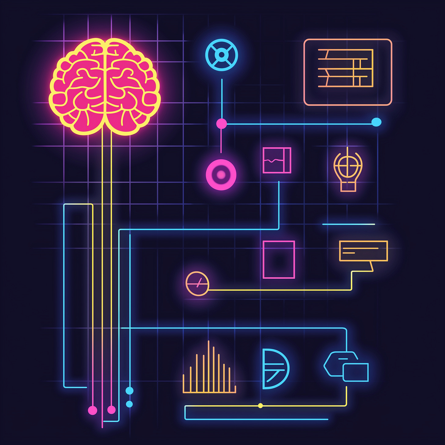A sleek, modern vector-style infographic illustrating key AI concepts with a futuristic aesthetic. The design features a glowing AI brain icon in Sunset Pink, symbolizing Artificial Intelligence, with interconnected neon pathways branching out. These pathways lead to various minimalistic geometric icons in Electric Blue and Sunshine Yellow, representing key AI lifecycle stages such as data collection, processing, model training, and deployment. The entire composition is structured like a circuit board, emphasizing AI’s systematic nature. The background is a deep navy grid, reinforcing a high-tech and data-driven aesthetic. No text is included.