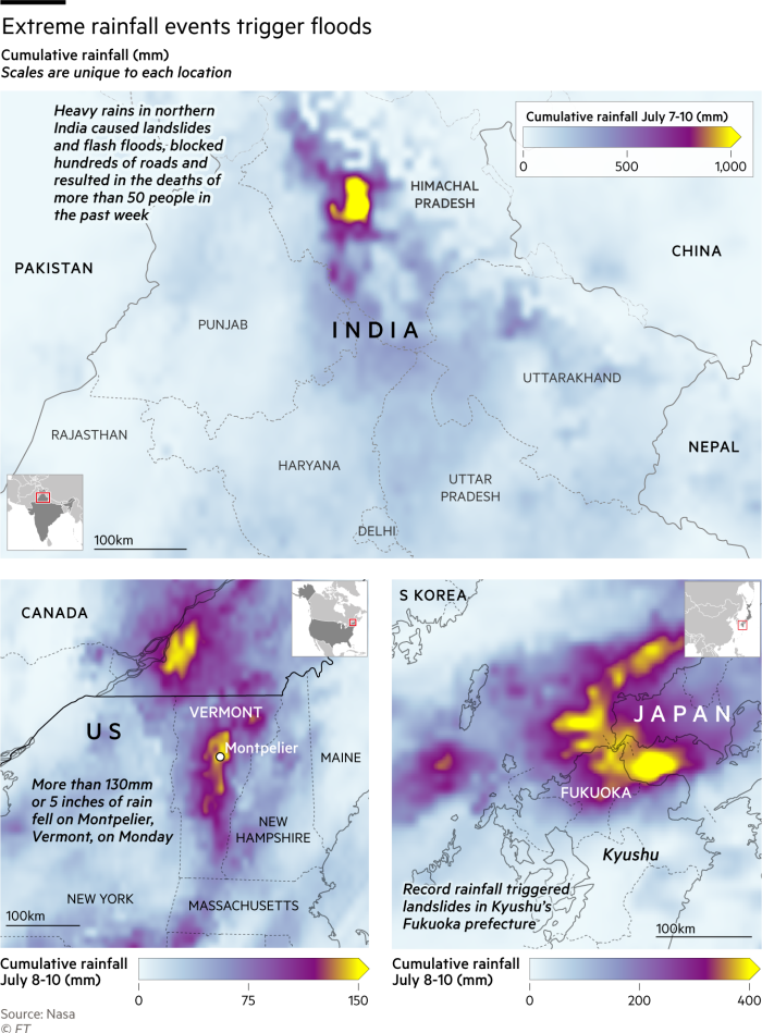 Maps showing heaving rainfall in India, Japan and US