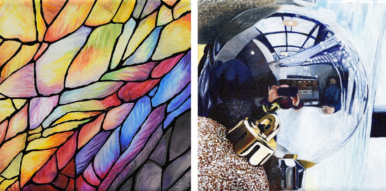 Left painting of a multicoloured stained glass pattern in shades of yellow, magenta, blue and grey. Right painting is far more detailed and shows a glass vase of round holiday ornaments. The central ornament is a shiny sphere with two people in the reflection. One sits drinking their coffee and the other is snapping a photo with their phone.