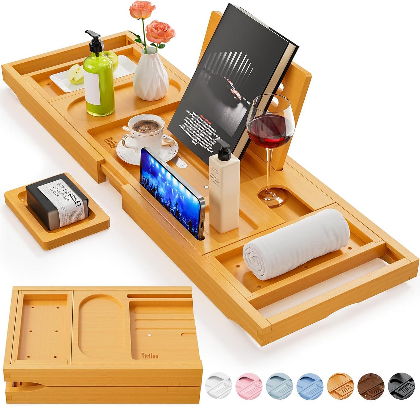 Premium Bathtub Tray Caddy – Expandable Bamboo Bath Tray with Cup & Phone Holder