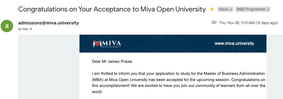 James Praise’s acceptance into Miva University MBA Program.