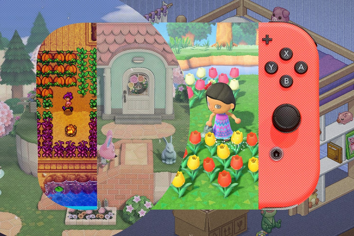 A nintendo switch controller with different examples of popular cozy games. Photo illustration by Maria-Juliana Rojas.