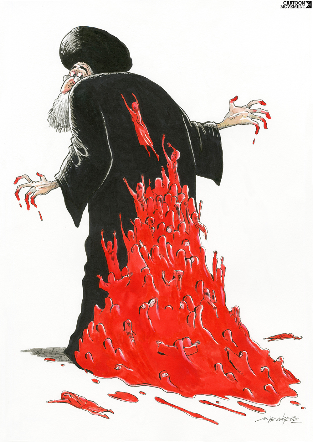 Cartoon showing Iranian leader Khamenei walking and looking back at a large bloodstain crawling up his back which is made up of the (activist) women that died under his rule
