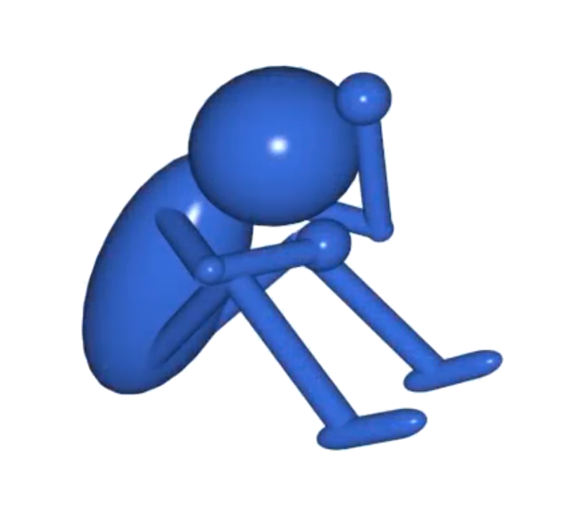Computer generated image of a blue-coloured simple human figure, sitting with its head between its knees and one hand on its head, looking tired or sad.