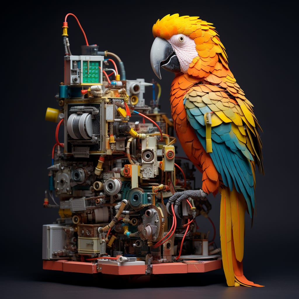 a parrot hanging on the side of a machine that's been cobbled together from random parts - the build in public parrot