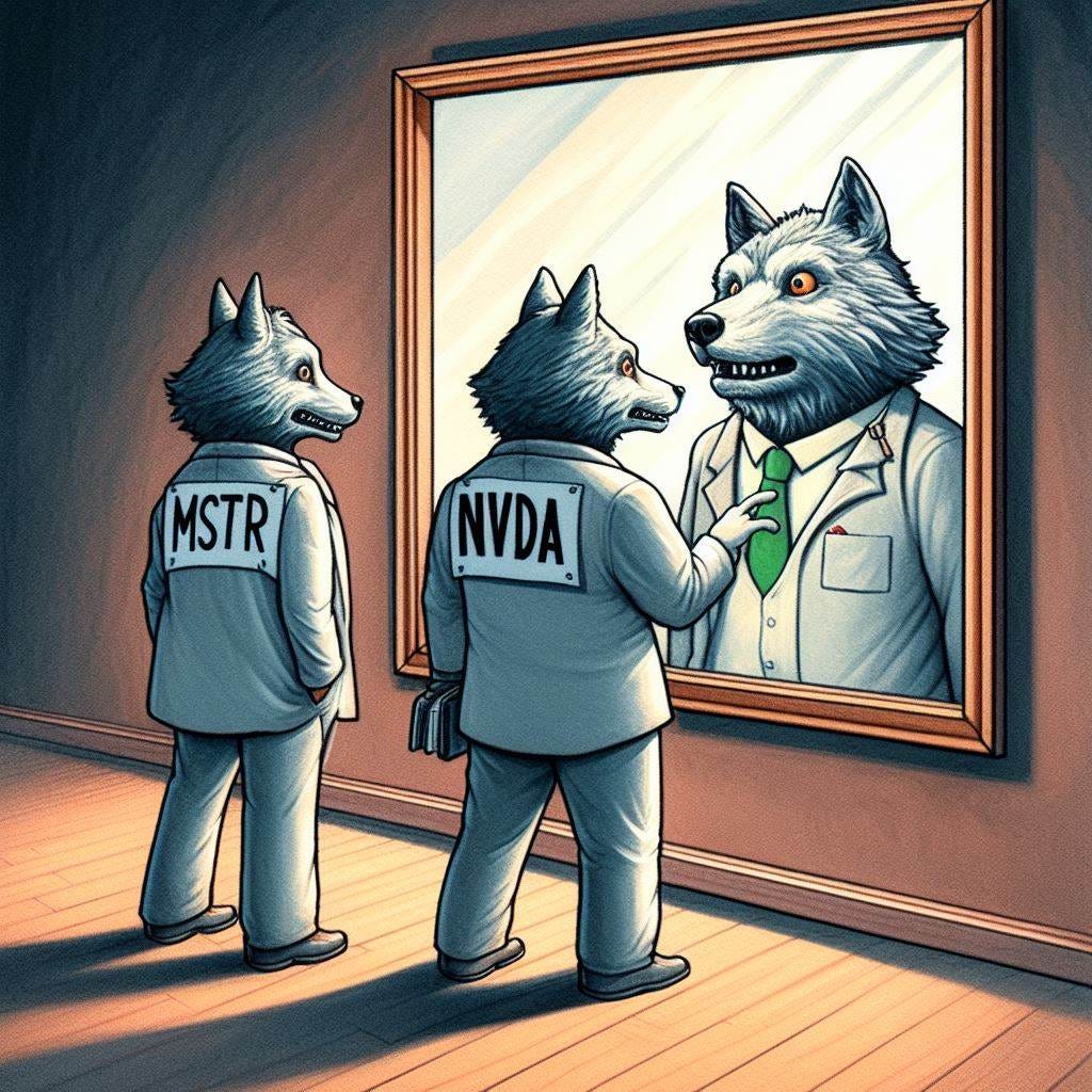 An image depicting the satirical scene of the anthropomorphic versions of the stock tickers MSTR and NVDA looking into a mirror, unaware that the other is on the other side. They appear to be looking at each other, reflecting the humorous twist intended.