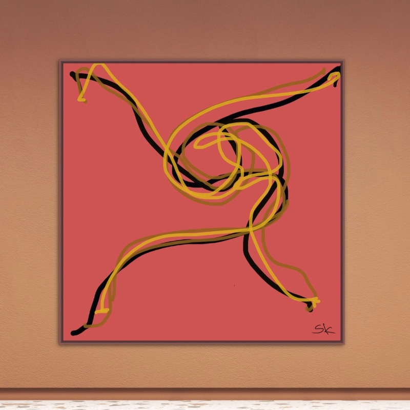 Abstract painting by Sherry Killam Arts with three strings arranged to suggest a large gesture of bowing, against an orange hue.