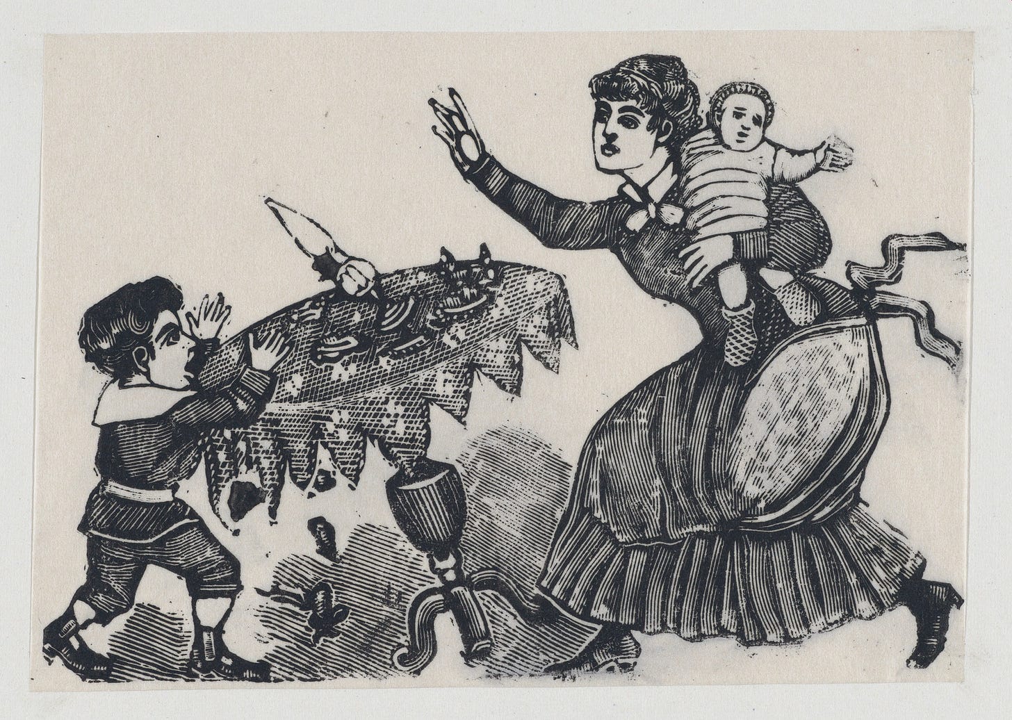 A child tipping over a table, his mother rushing to stop him, José Guadalupe Posada (Mexican, Aguascalientes 1852–1913 Mexico City), Type-metal engraving