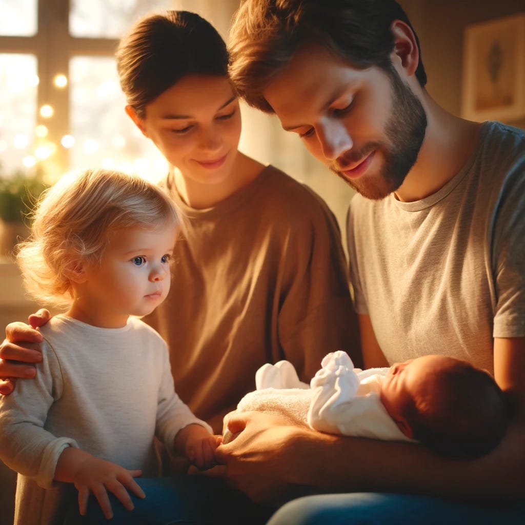 A heartwarming family scene where a 3-year-old child, along with her dad and mum, watches their newborn sibling. The family is gathered in a cozy, softly lit room, creating an atmosphere of warmth and love. The 3-year-old, filled with curiosity and wonder, is standing close to her parents, who are seated and holding the newborn baby gently in their arms. The expressions on the faces of the dad, mum, and the 3-year-old are those of joy, awe, and tenderness as they gaze at the tiny new member of their family. This image captures a beautiful moment of family bonding, introducing the eldest sibling to the newest, and showcasing the unity and love that grows with the addition of a new life.