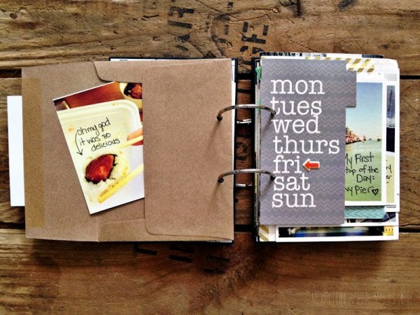 The back of the envelope holds more pictures; and another die cut tag helps to mark the change in days.