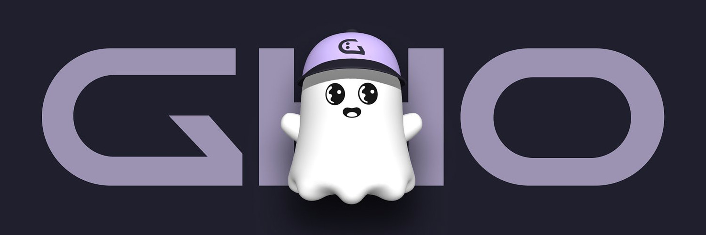 Ghost wearing a purple GHO hat in front of a GHO background.
