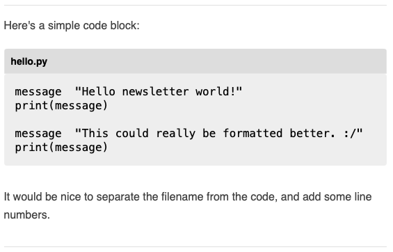 Excerpt of an email, where the filename is part of the code block, but visually separate from the code.