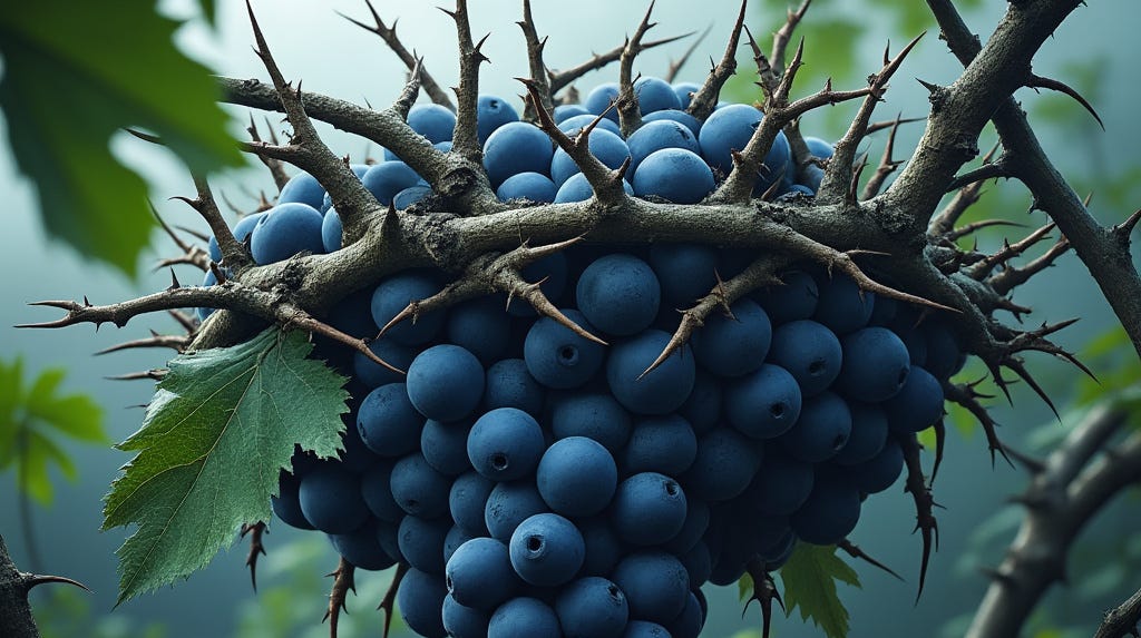 The image depicts a cluster of deep blue or purple berries, resembling grapes, hanging from a thorny branch. The berries are tightly packed together, and the branch is covered in long, sharp thorns, creating a contrast between the delicate, round berries and the sharp, menacing thorns. A green leaf is partially visible on the left side of the image, adding a touch of natural foliage to the scene. The background appears soft and blurred, focusing the attention on the berries and thorns. The overall mood of the image is both striking and slightly ominous due to the contrast between the thorns and the fruit.