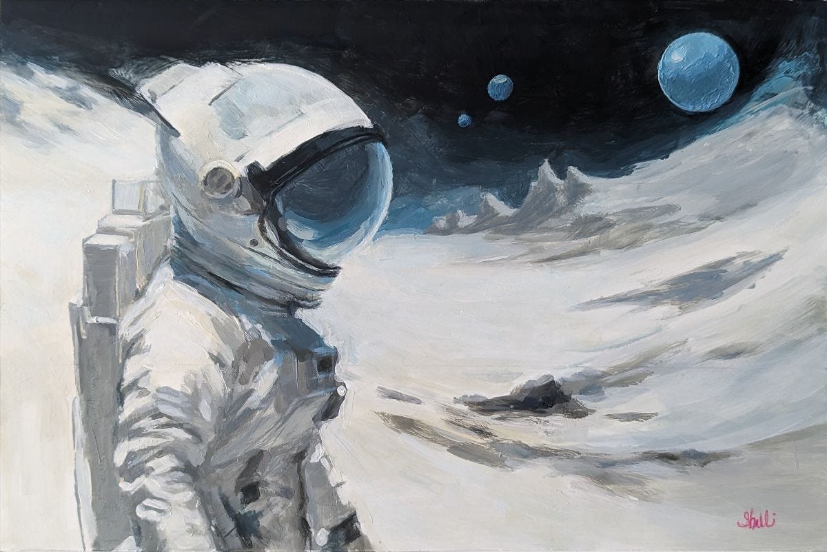 female astronaut in white against a dark expanse